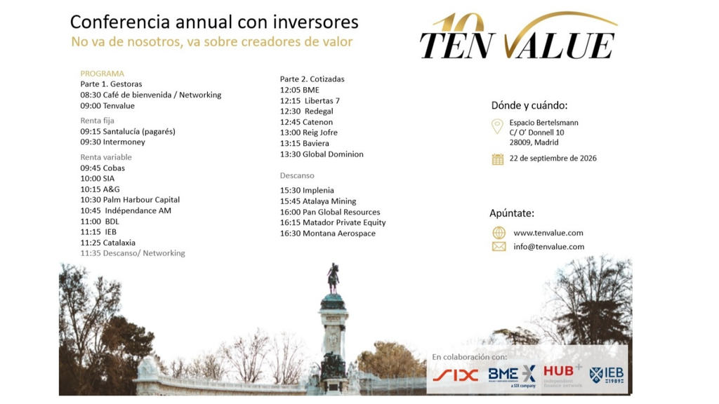 Programa de la Conferencia Anual con Inversores de Tenvalue, 22 de septiembre de 2026, con Catalaxia en el bloque de Renta Variable a las 11:25 hs